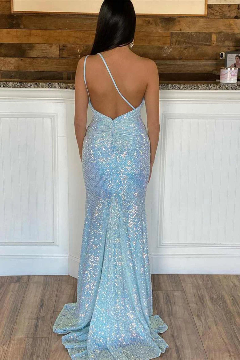 Vestido de fiesta de sirena con un solo hombro y lentejuelas